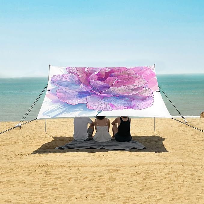 ALAZA Carnation Flower Ink Beach Tent Sun Shelter UPF50+ Protection Beach Shade Canopy w/ 4 Sandbags for Outdoor Camping Fishing Backyard Fun Picnic 10x9 ft