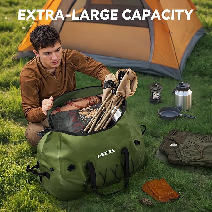 HEETA Waterproof Duffel Bag Motorcycle Dry Bag (Green 60L) Bundled with Self Inflating Sleeping Pad with Electric Pump 4 Ultra Thick Memory Foam Camping Mattress