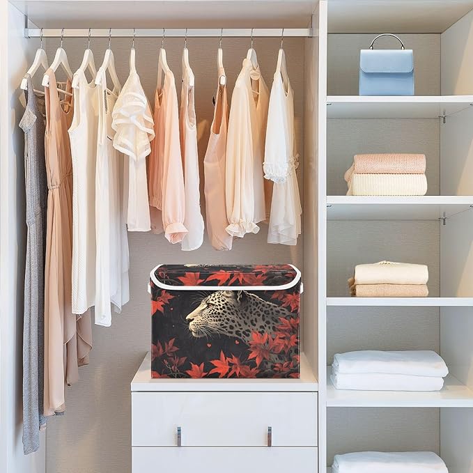 AIXIWAWA Lidded Storage Cube (Leopard Leaves) Fabric Foldable Closet Bins with Flip Lid and Handles Organizer Basket Container 16.5 x 12.6 x 11.8 IN
