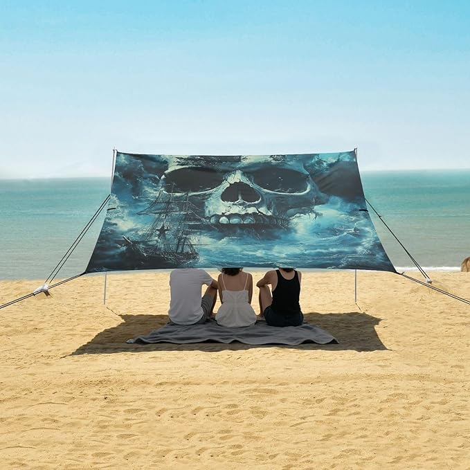 ALAZA Skull Ocean Pirate Ship Beach Tent Sun Shelter Portable Canopy Sunshade for Outdoor Camping Picnics Backyard Fun 10x9 ft