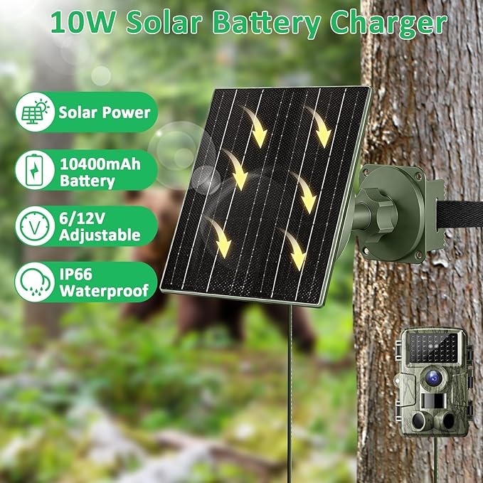 FUTUREZEN 10W Solar Panel for Trail Cameras DC &amp USB-C Solar Charger with 10400mAh Battery 6V/12V Adjustable Output IP66 Waterproof 9.8ft Cable