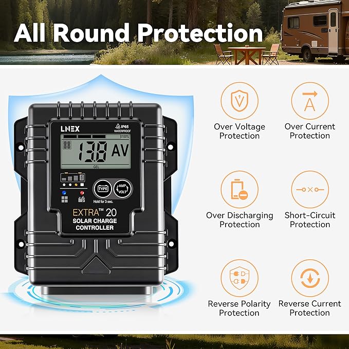 LNEX Solar Charge Controller Waterproof 20A Solar Panel Regulator with Temp SensorBacklit LCD 12V/24V PWM Solar Controller for LiFePO4AGM Gel Flooded and Lithium Battery