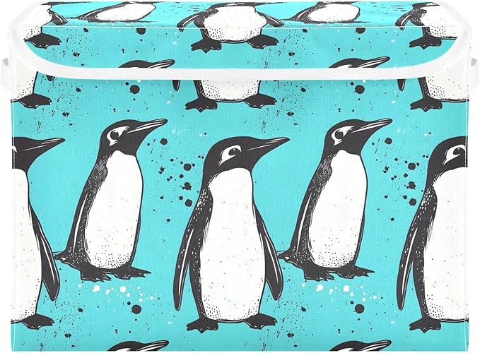 Penguin Teal Storage Cube Bins Basket with Lid Collapsible Flip-top Fabric with Handle for Home Bedroom Closet Office 16.5×12.6×11.8 in