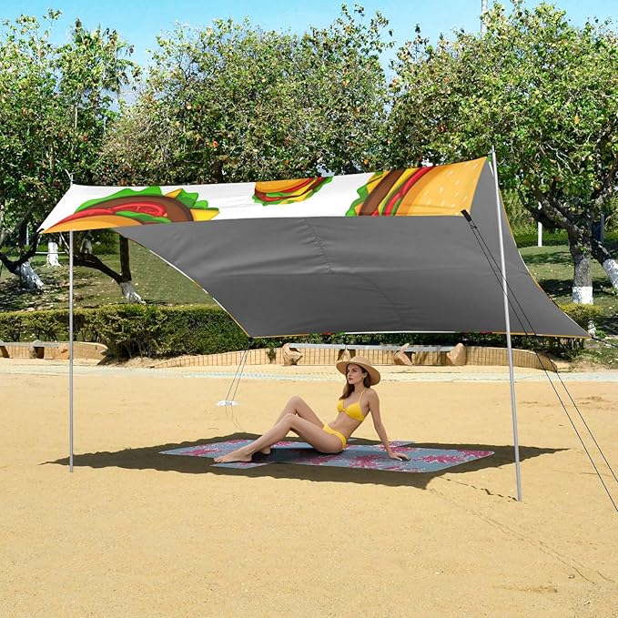 Beach Canopy with Windproof Ropes &amp Sandbags Beach Tent Sun Shade Sun Shelter for Camping Trips Fishing Backyard Fun or Picnics Hamburgers