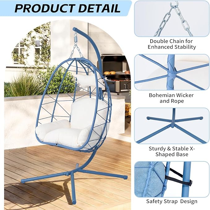 Hanging Egg Chair with Stand Outdoor Indoor Patio Rattan Swing Hammock Chairs with Washable Cushion PE Wicker Swing Chair for Backyard Bedroom Garden (Blue + White Cushion No Footrest)