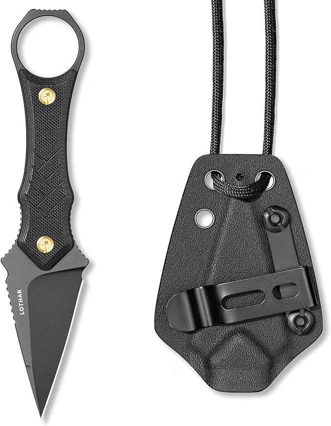 LOTHAR PORCUPINE Small Fixed Blade Knife 2.46 14C28N Neck Knife EDC Knife with G10 Handle and Kydex Sheath Knife Necklace Horizontal Carry Knife Survival Knife Gifts for Men Women (black)