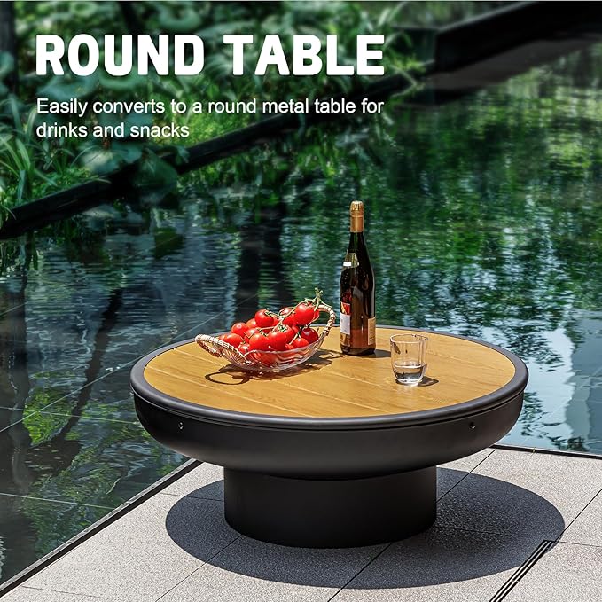 Panovue 32in Fire Pit Table with LidHeavy Duty and Deep Fire BowlOutdoor Wood Burning BBQ Grill Firepit Bowl with Cover Lid Fire Pit for Outside Table for Backyard Bonfire Patio Picnic
