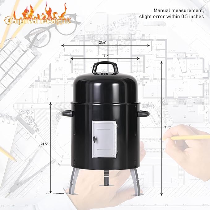 Captiva Designs 17-Inch Outdoor Vertical Smoker Wood Chunks Smoker with Thermometer for Outdoor CookingGrillingPicnicCamping and Party