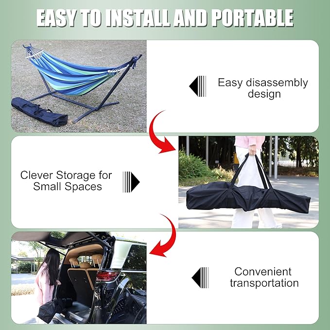 Double Hammock with Freestanding Steel Stand Portable &amp Easy Setup 550lb Capacity Heavy Duty for Patio GardenBackyard Camping Indoor &amp Outdoor - Includes Carry Bag (Blue Stripe)