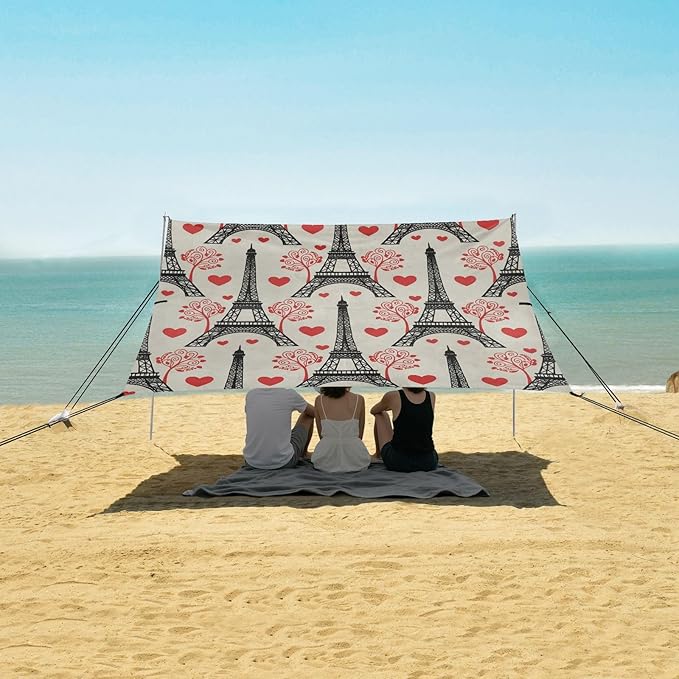 xigua Eiffel Tower Beach Tent Sun Shelter with Carrying Bag - Silver Coated Oxford Fabric Beach Canopy for Beach Camping Fishing - Includes Windproof Ropes Sandbags &amp Stakes