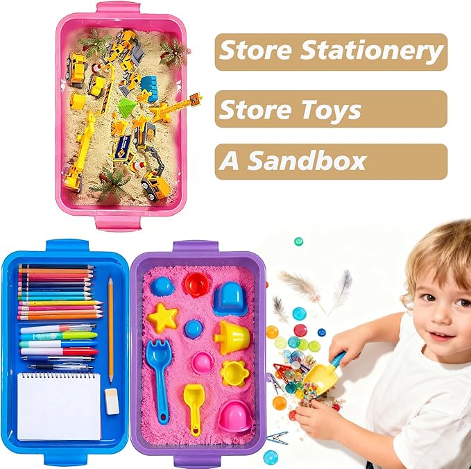 4 Qt (3.8L) Sensory Bin With Lid - 3 Pack Stackable Storage Sensory Bins with Lids Portable Sandbox Organizers Sand Arts Crafts (Blue Purple Pink)