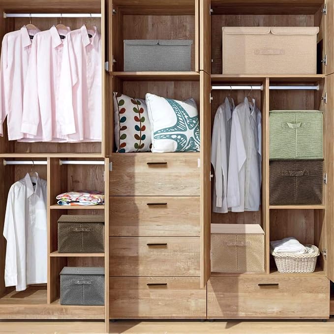 2 Pack Large Storage Boxes with Lids and Handles Collapsible Linen Storage Bins Organizer Containers Baskets Cube with Removable Divider for Home Bedroom Closet Office (Khaki Large)