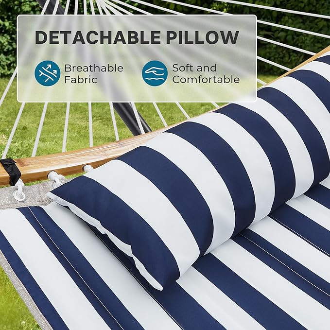 SUPERJARE Curved-Bar Hammock with Stand 2 Person Heavy Duty Hammock Frame Detachable Pillow &amp Portable Carrying Bag Perfect for Outdoor &amp Indoor Denim Blue with White Stripes