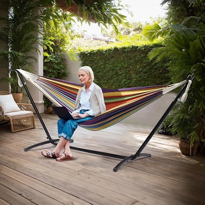 ONCLOUD Heavy Duty 550 LBS Double Hammock with Stand Included with Portable Carrying Bag Upgraded 2 Person Hammock with Frame for Outdoors &amp Indoors Series TDCTZ2 - Rainbow Stripe