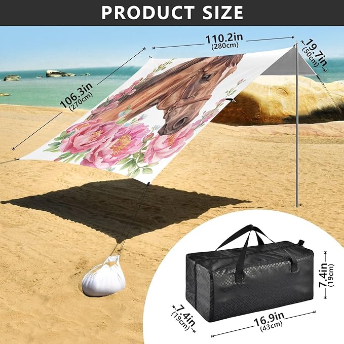 ALAZA Horse Peony Flower Floral Beach Tent Sun Shelter UPF50+ Protection Beach Shade Canopy w/ 4 Sandbags for Outdoor Camping Fishing Backyard Fun Picnic 10x9 ft