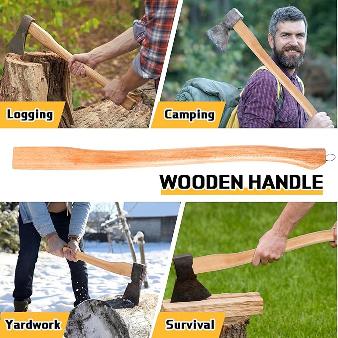 Bucherry 2 Pcs 28 Inches Single Bit Axe Handle Replacement Beech Wood Axe Handle with Wooden Wedge and Steel Wedge for Hand Axes and Camp Axes