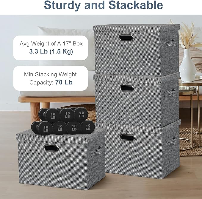 Graciadeco Large 17 36 Quart Collapsible Stackable Storage Bins with Lids 3 Packs Black and White Mix Linen Fabric Closet Boxes with Lids Storage Cube Baskets Container Organizers (17x12x11)
