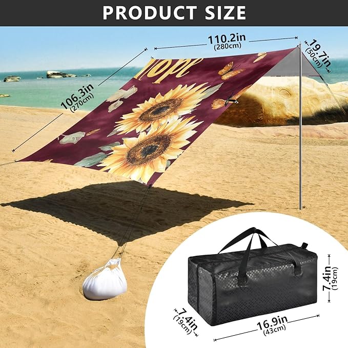 Tropical Sunflower Burgundy Foldable Beach Cabana UPF50 Waterproof Portable Sun Shelter with Sand Pockets for Backyard and Camping