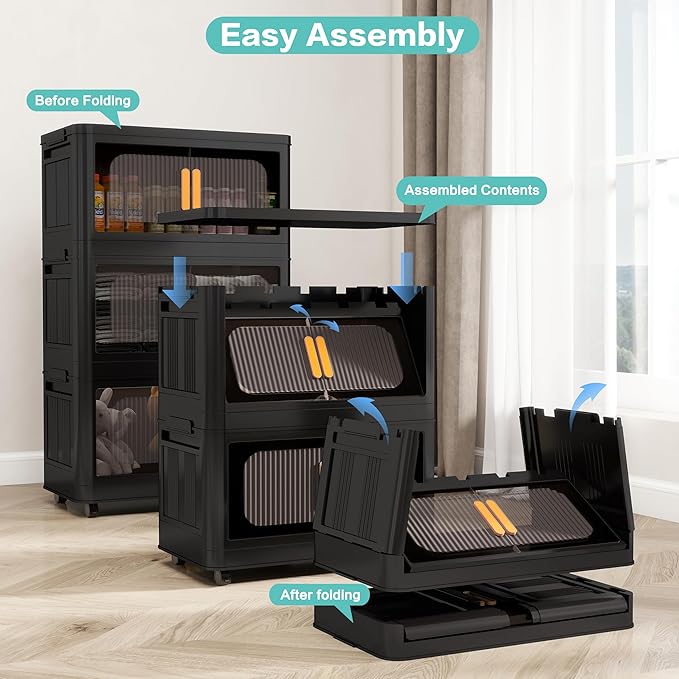 20 Side Wide Folding Storage Cabinet - Black 3-Tier Collapsible Storage Bin with Magnetic Door and Wheels for Home Office Organization