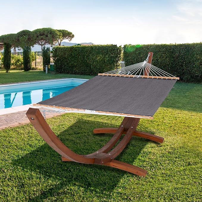 SUNCREAT Quick Dry Hammocks Standing Backyard Hammock with Stand 2 Person Heavy Duty Poolside Hammock with 13.5 ft Wooden Stand Dark Gray