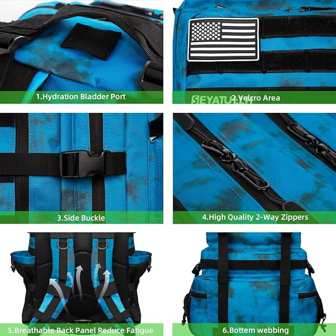 Military Tactical Backpack 55L for Men &amp Women Bug Out Bag Assault pack Molle Daypack Hiking Trekking Rucksack (Blue tie dye)
