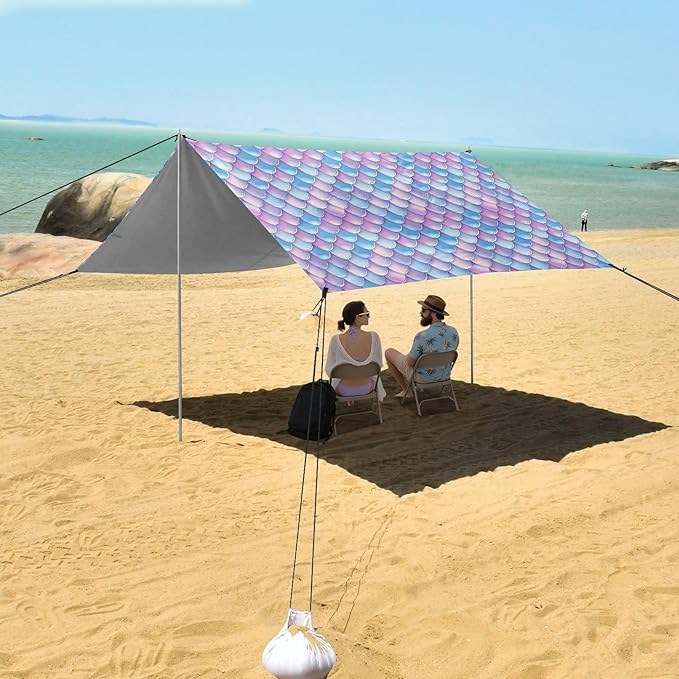 ALAZA Rainbow Mermaid Scale Beach Tent Sun Shelter UPF50+ Protection Beach Shade Canopy w/ 4 Sandbags for Outdoor Camping Fishing Backyard Fun Picnic 10x9 ft