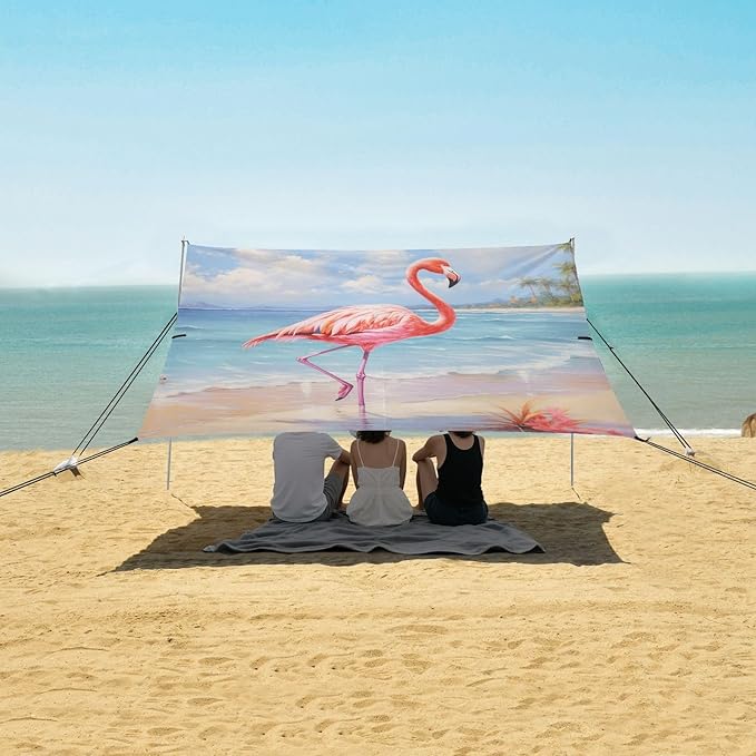 ALAZA Seascape Beach Pink Flamingo Beach Tent Sun Shelter Portable Canopy Sunshade for Outdoor Camping Picnics Backyard Fun 10x9 ft
