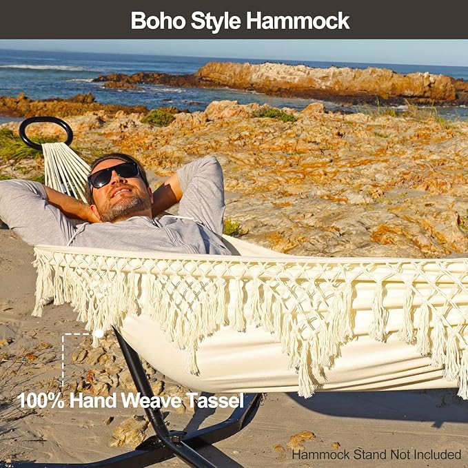 JoyView Boho Macrame Single Hammock with Hanging Ropes &amp Elegant Tassels 78.8x39.4 Portable Cotton Hammock for Patio Backyard Porch 300LBS Weight Capacity Perfect for Outdoor/Indoor - Beige Color