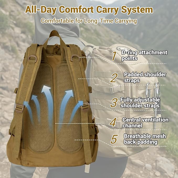 kokkoya Lightweight Tactical Backpacks with Laptop Compartment for Men 40L EDC MOLLE Military Style 17 in Computer with Cup Holder Travel Hiking Daypack