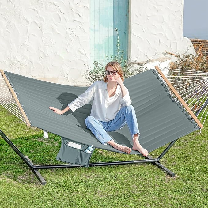 GAFETE 2 Person Hammock with Stand for Outside Heavy Duty Steel Stand Double 55inch Hammocks Large Removable Pillow Storage Bags Max 475 lbs Capacity (Mist Green)