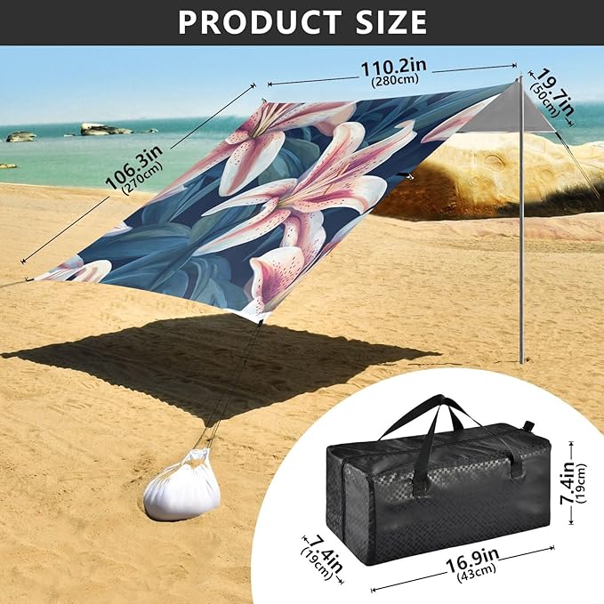 ALAZA Beautiful Pink Lily Beach Tent Sun Shelter Portable Canopy Sunshade for Outdoor Camping Picnics Backyard Fun 10x9 ft