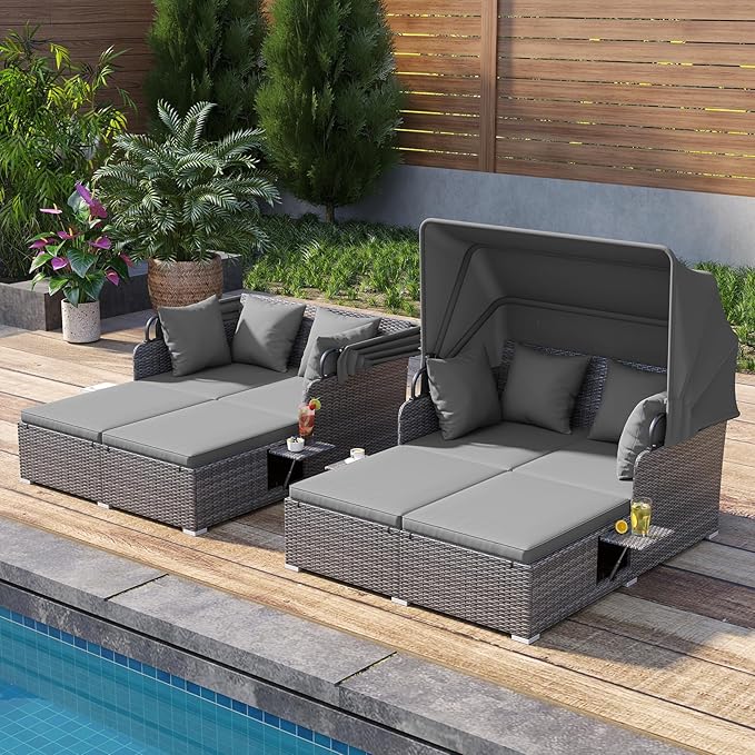 Tangkula Patio Rattan Daybed with Retractable Canopy Outdoor Wicker Sunbed Lounger with 2 Foldable Side Tables Thick Seat &amp Back Cushions Outside Double Daybed for Garden Backyard Porch Grey