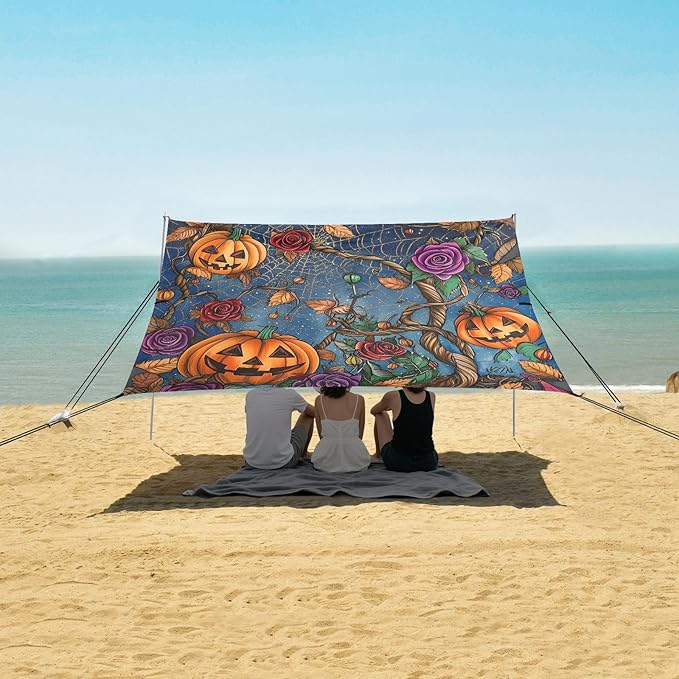 ALAZA Pumpkin Spider Web Halloween Beach Tent Sun Shelter UPF50+ Protection Beach Shade Canopy w/ 4 Sandbags for Outdoor Camping Fishing Backyard Fun Picnic 10x9 ft