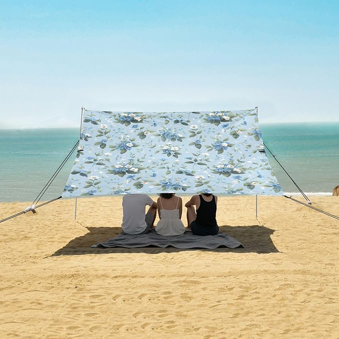 White Blue Flowers Beach Tent Sun Shelter Set UPF50+ UV Protection 10.5 x 9.19 FT Camping Shade Canopy with Sandbags Sand Anchors Carrying Bag and Others