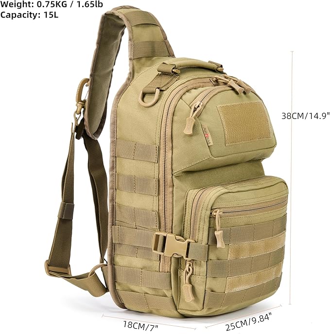AMHEH 15L 1050D Tactical Sling Bag - Everyday Carry Crossbody Backpack with MOLLE and Concealed Back Pocket Fits 12 Laptop Tan