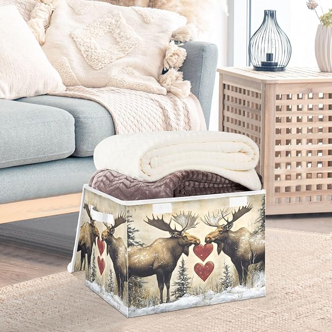 AIXIWAWA Lidded Storage Cube (Heart Moose) Fabric Foldable Closet Bins with Flip Lid and Handles Organizer Basket Container 16.5 x 12.6 x 11.8 IN