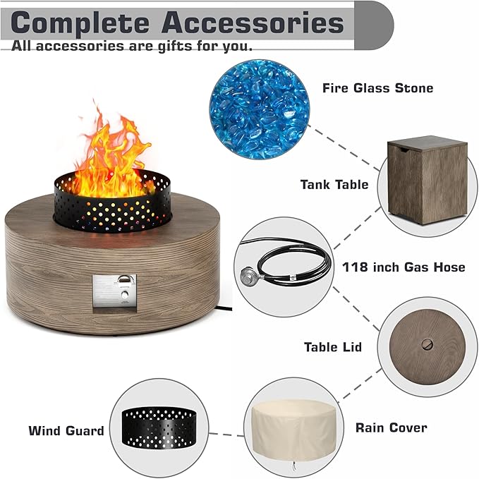 2-Piece 30 Round Propane Fire Pit for Outside Patio with Hidden Tank Table 50000 BTU Fireplaces with Wind Guard Lid Glass Rocks Cover(Wood Grain Walnut)
