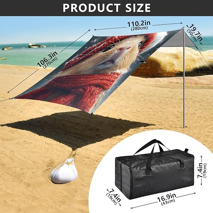 ALAZA Christmas Hamster Beach Tent Sun Shelter UPF50+ Protection Beach Shade Canopy w/ 4 Sandbags for Outdoor Camping Fishing Backyard Fun Picnic 10x9 ft