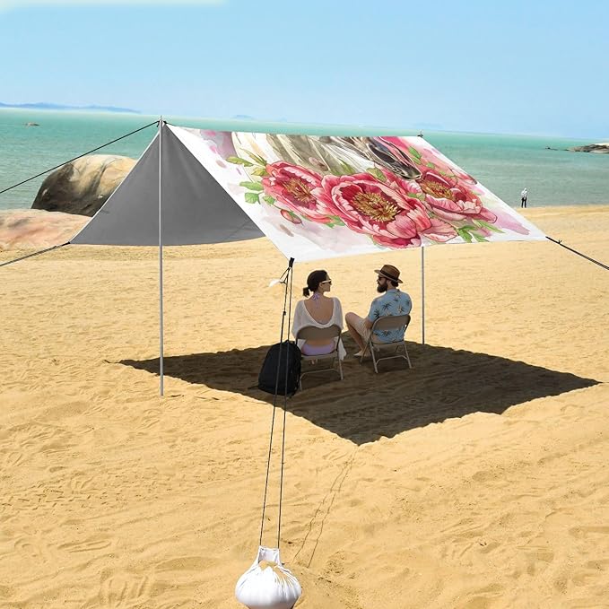 ALAZA Horse Portrait Peony Flower Beach Tent Sun Shelter UPF50+ Protection Beach Shade Canopy w/ 4 Sandbags for Outdoor Camping Fishing Backyard Fun Picnic 10x9 ft