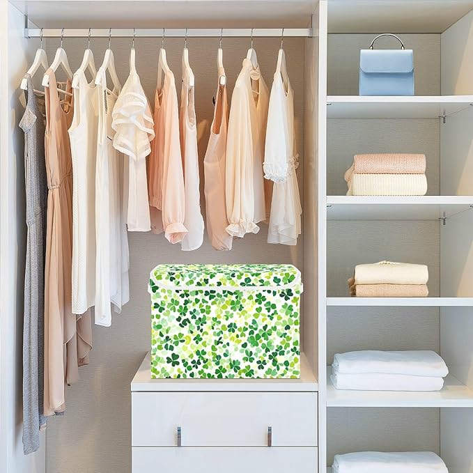Collapsible Storage Bins with Lids Decorative Fabric Storage Cubes Closet Organizer and Storage Basket Boxes Containers for Clothes Box Chest Nursery Folding Rectangle Bright Green Clover St.