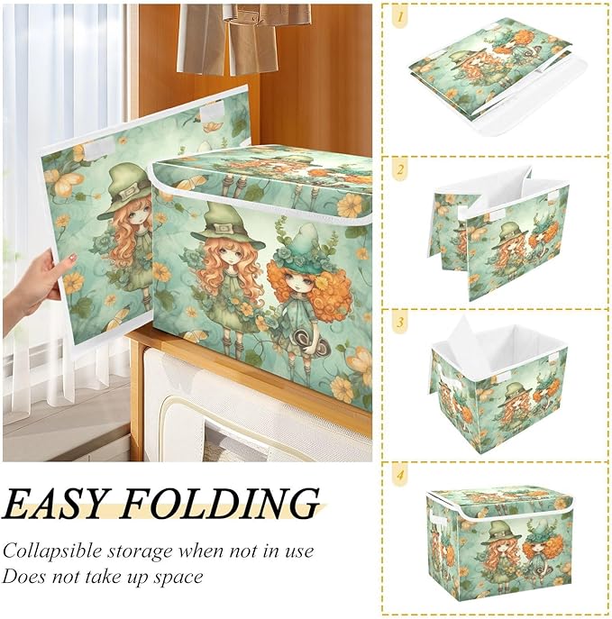 Christmas Storage Baskets with Lids Two Girls in A Hat Collapsible Bins Stackable Fabric Linen Baskets Closet Organizer Container 16.5x12.6x11.8