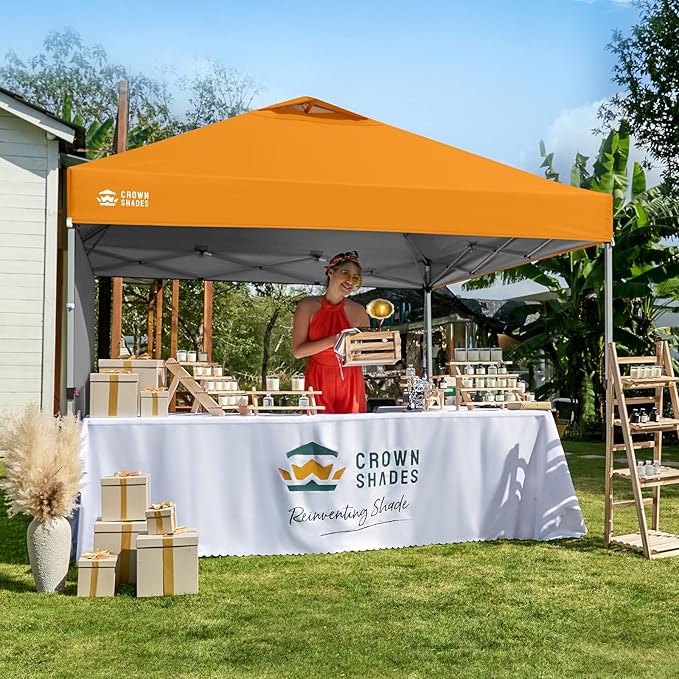 CROWN SHADES 10x10 Pop Up Canopy with 1 Side Wall - Beach Tent with One Push Setup - Outdoor Sun Shade for Events Parties Camping - Gazebo with STO-N-Go Cover Bag (Orange)