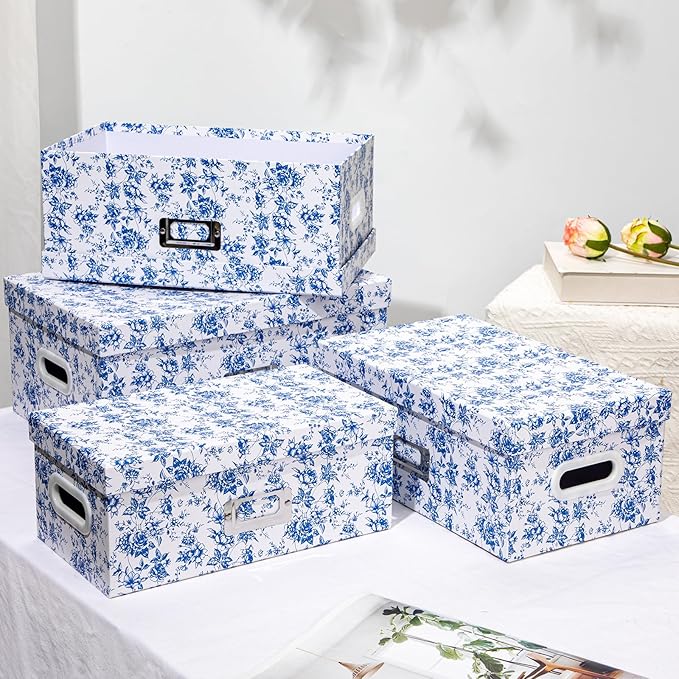Briful Set of 4 Blue and White Storage Boxes with Lids – Photo Boxes Elegant Floral Nesting Organizer Bins 14''/13''/12.2''/7.5'' Set Decorative Cardboard Gift Boxes for Home or Office Use