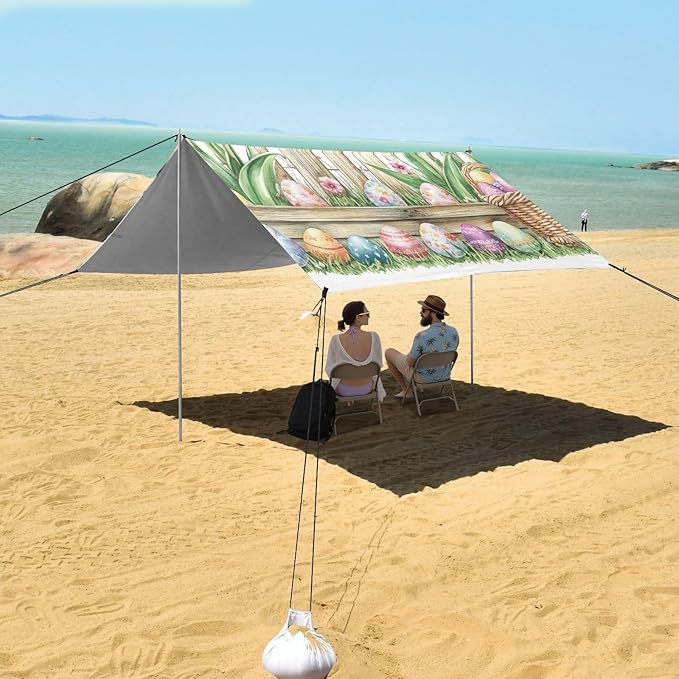 ALAZA Watercolor Wooden Fence Tulips Basket Easter Eggs Beach Tent Sun Shelter Portable Canopy Sunshade for Outdoor Camping Picnics Backyard Fun 10x9 ft