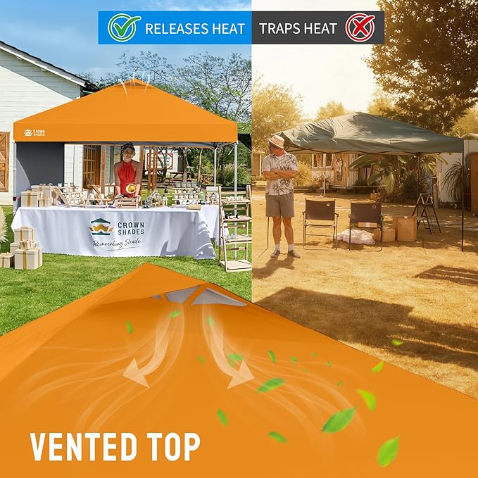 CROWN SHADES 10x10 Pop Up Canopy with 1 Side Wall - Beach Tent with One Push Setup - Outdoor Sun Shade for Events Parties Camping - Gazebo with STO-N-Go Cover Bag (Orange)