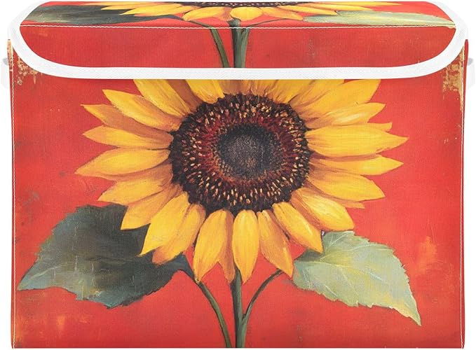 AIXIWAWA Lidded Storage Cube (Vintage Sunflower Red) Fabric Foldable Closet Bins with Flip Lid and Handles Organizer Basket Container 16.5 x 12.6 x 11.8 IN