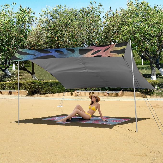 ALAZA Rainbow Leopard Print Cheetah Beach Tent Sun Shelter UPF50+ Protection Beach Shade Canopy w/ 4 Sandbags for Outdoor Camping Fishing Backyard Fun Picnic 10x9 ft