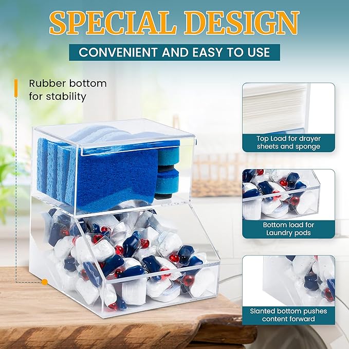 2-Compartment Acrylic Storage Container Laundry Pods and Dryer Sheet Dispenser Clear Dishwasher Pod Holder with Lid