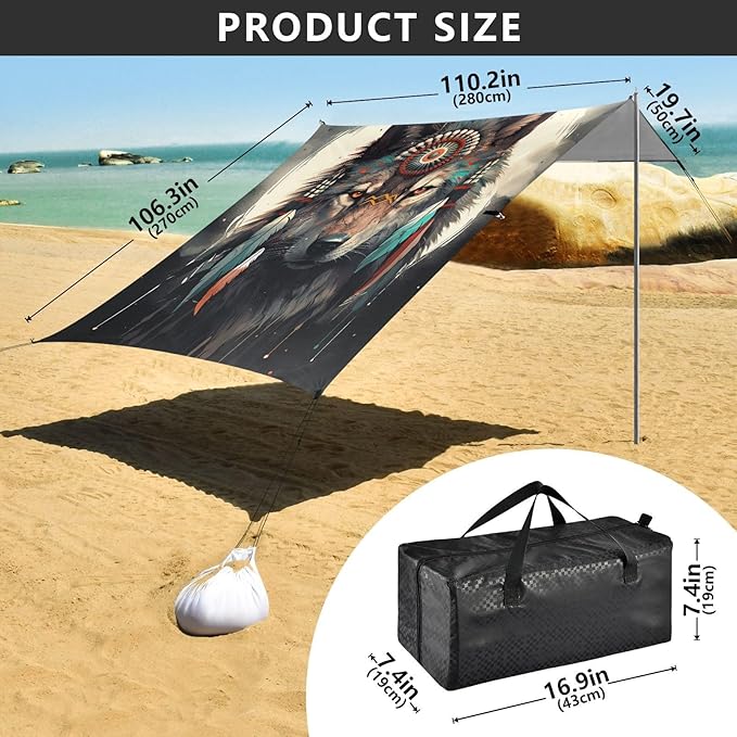 ALAZA Wolf Indian Beach Tent Sun Shelter Portable Canopy Sunshade for Outdoor Camping Picnics Backyard Fun 10x9 ft