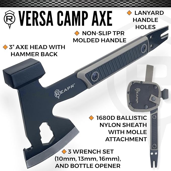 Reapr Versa Camp Axe 10.75 Outdoor Multitool with Pry Bar Nail Puller Hammer Wrench Set Bottle Opener &amp Sheath Non-Slip Handle Great for Camping Hiking and Survival Kits (Versa Camp Axe)